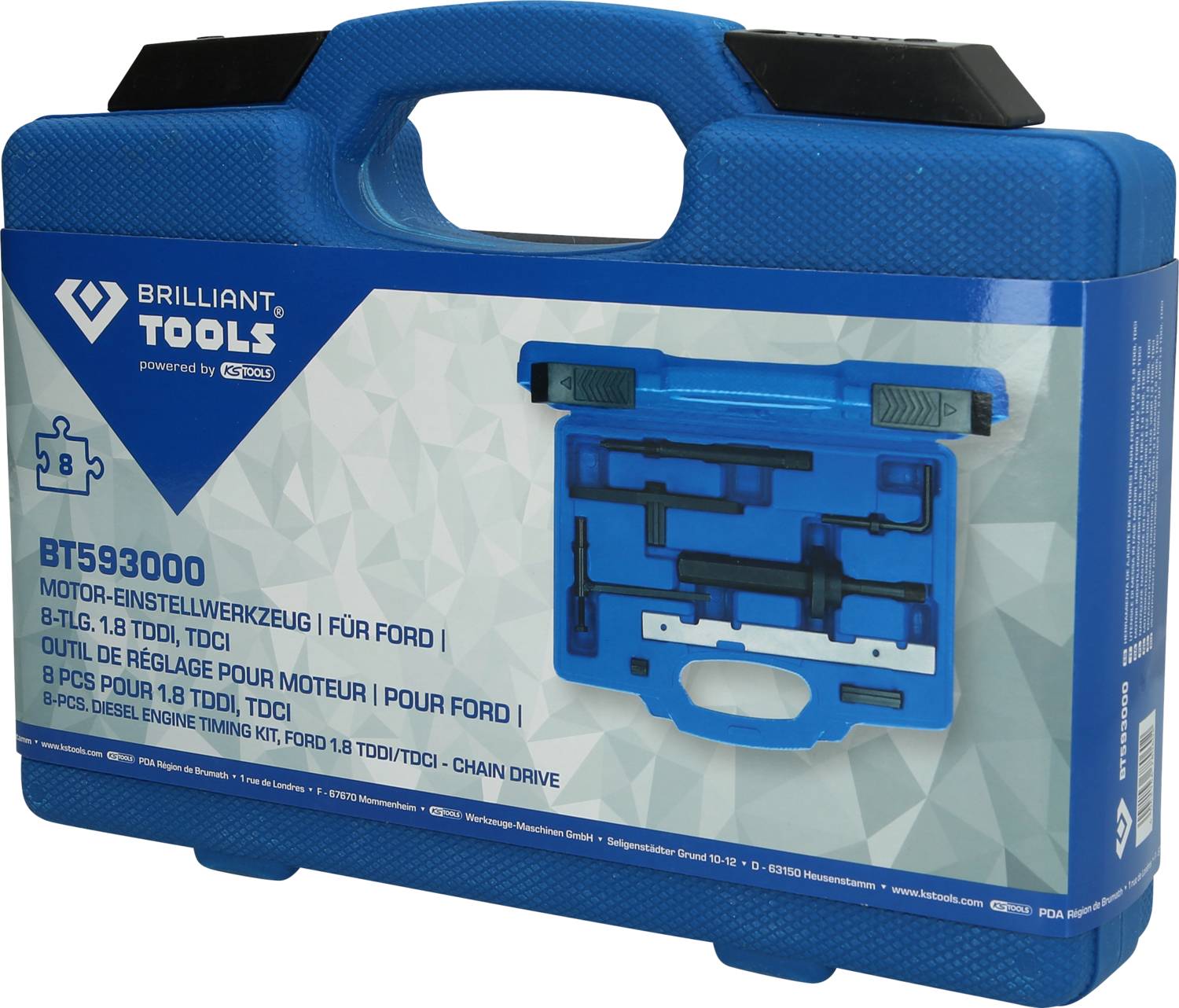'Coffret à outils bleu de Brilliant Tools pour outil de réglage moteur, compatible avec Ford 8-1.8 TDDI, TDCI. Modèle BT593000.'