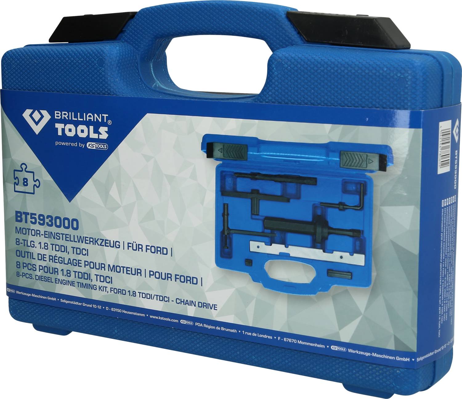 Boîte à outils bleue portant l'inscription 'Brilliant Tools'. Contient un kit d'outils de réglage pour motos destiné aux modèles Ford.