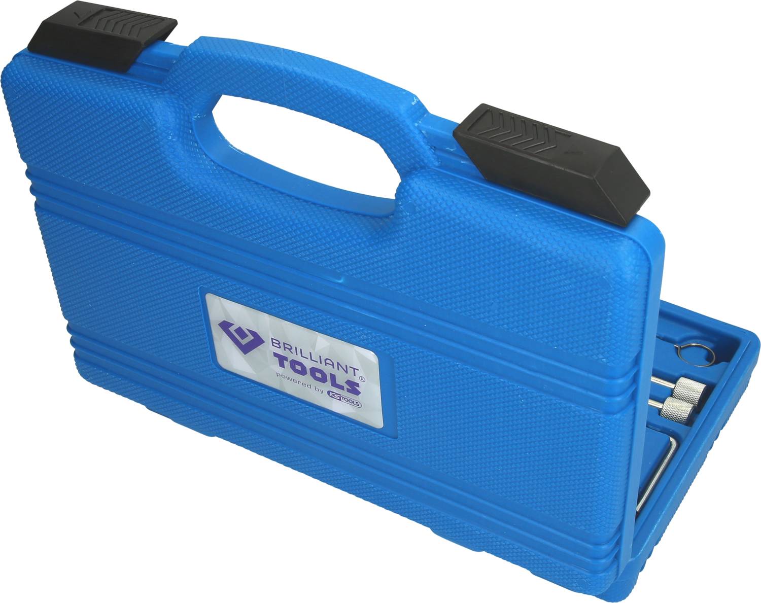 Coffret à outils bleu avec poignée de transport et fermeture, partiellement ouvert, montrant les outils à l'intérieur.
