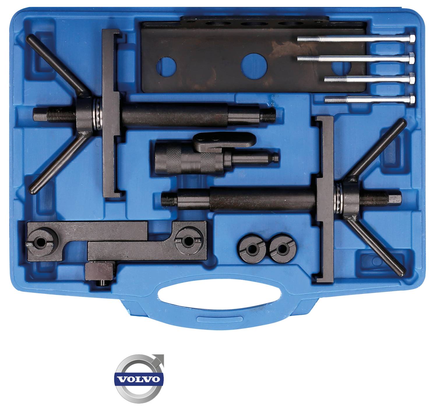 Une boîte à outils bleue contenant divers outils mécaniques pour la réparation automobile, comprenant des dispositifs de serrage et des tournevis.