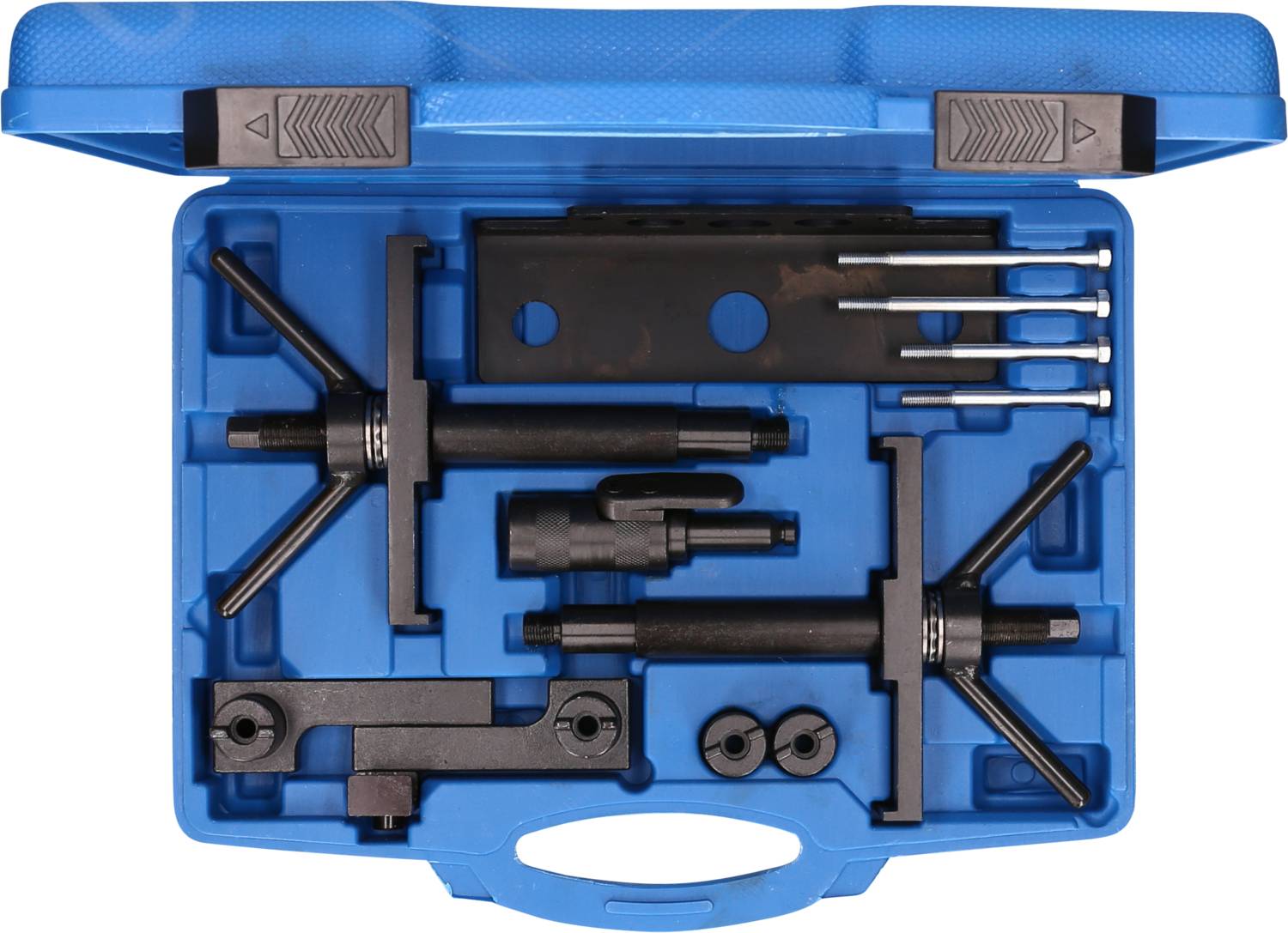 Une valise à outils bleue avec un ensemble d'outils de tension de chaîne noir pour automobiles. Contient plusieurs outils et adaptateurs.