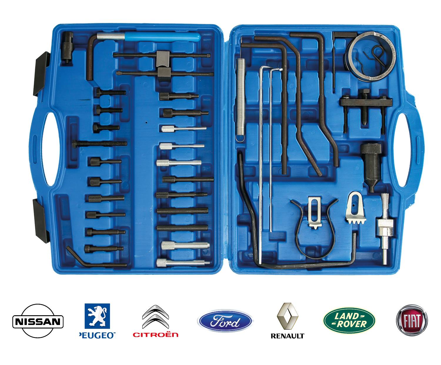 Une valise à outils bleue contenant divers outils spécialisés pour le réglage moteur, adaptée aux véhicules des marques Ford, Renault, Peugeot, Citroën, Nissan, Land Rover et Fiat.