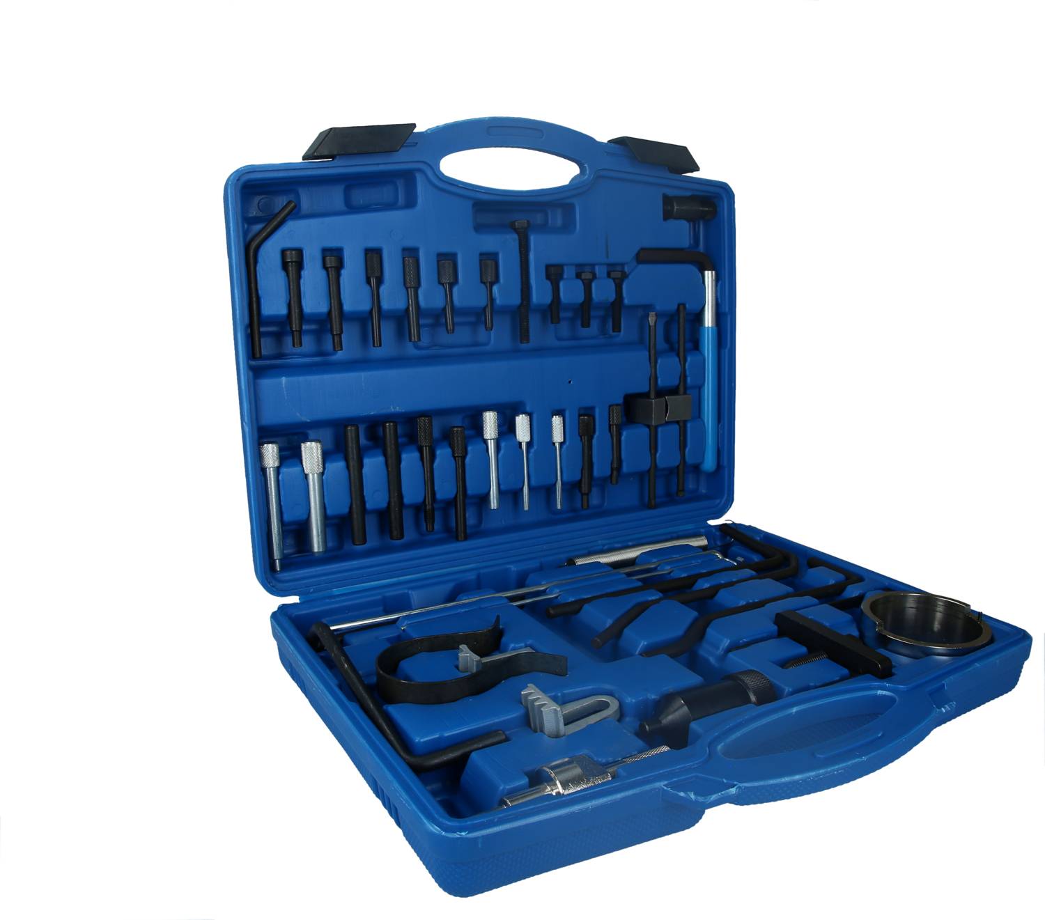 Mallette à outils bleue contenant divers outils et accessoires, organisés dans des compartiments personnalisés pour les travaux de réparation et de maintenance.