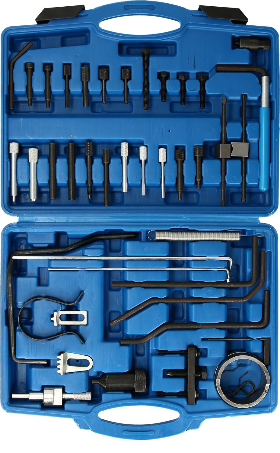 Une valise bleue contenant 38 outils automobiles différents, dont des tournevis, des pinces et des outils spécialisés, pour les réparations.