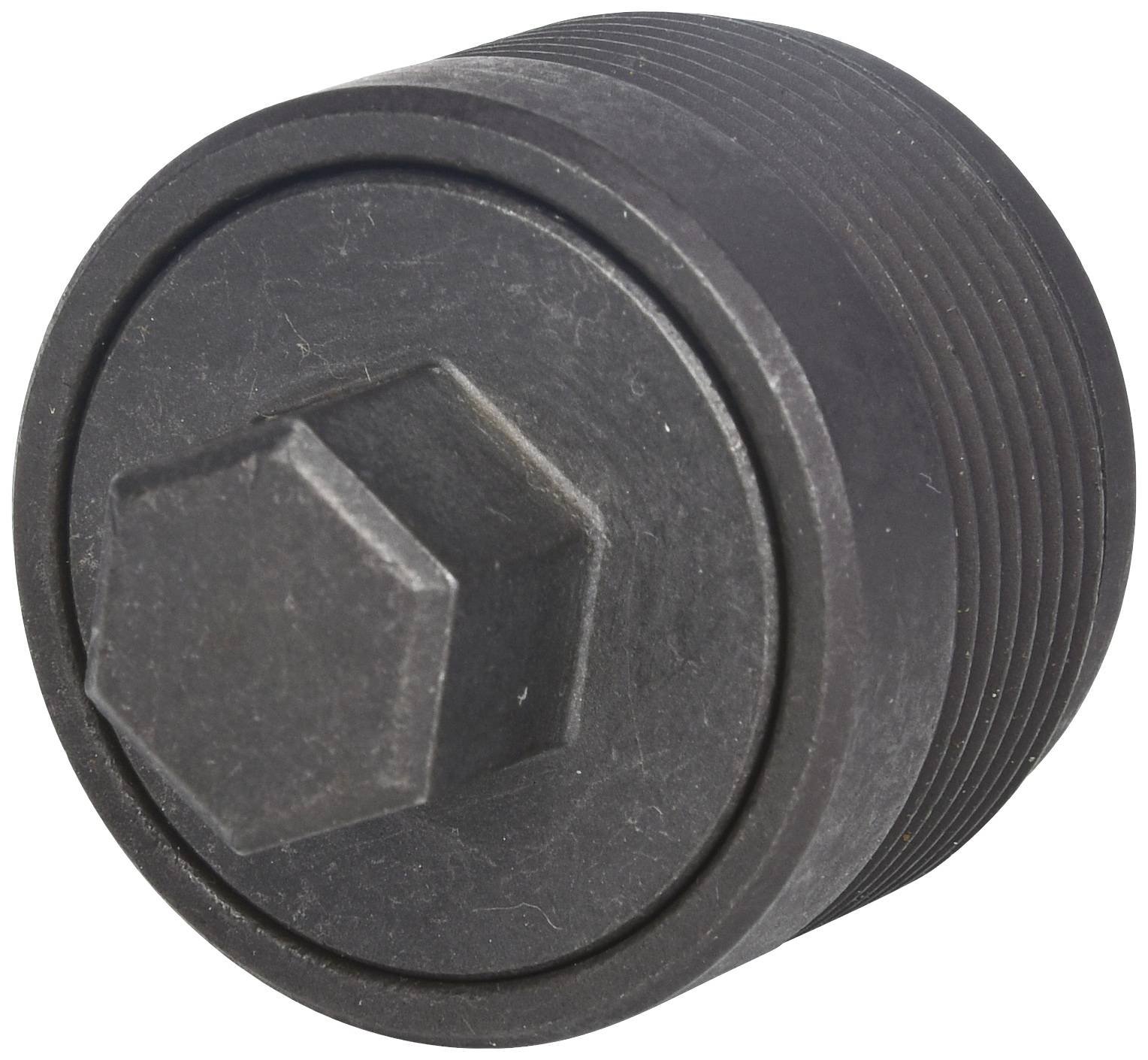 Un connecteur métallique noir, rond, avec une structure de tête de vis hexagonale, adapté aux applications industrielles.