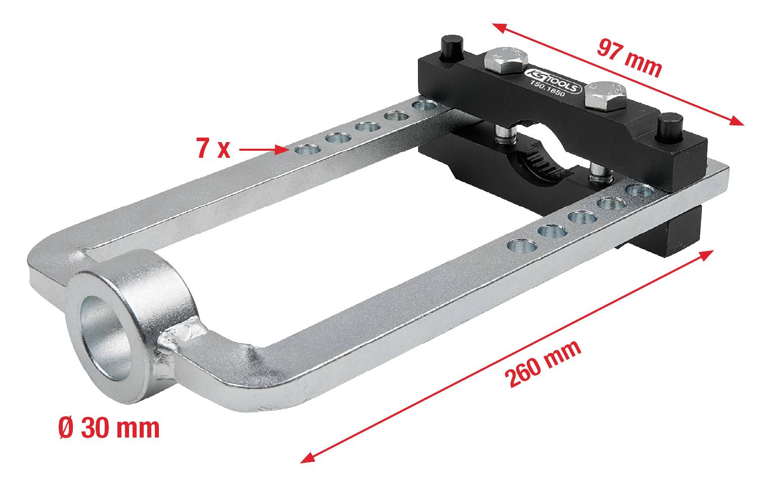 Support angulaire métallique avec fixation par tige, trous pour vis ('7 x'), et dimensions marquées : longueur 260 mm, largeur 97 mm, diamètre 30 mm.