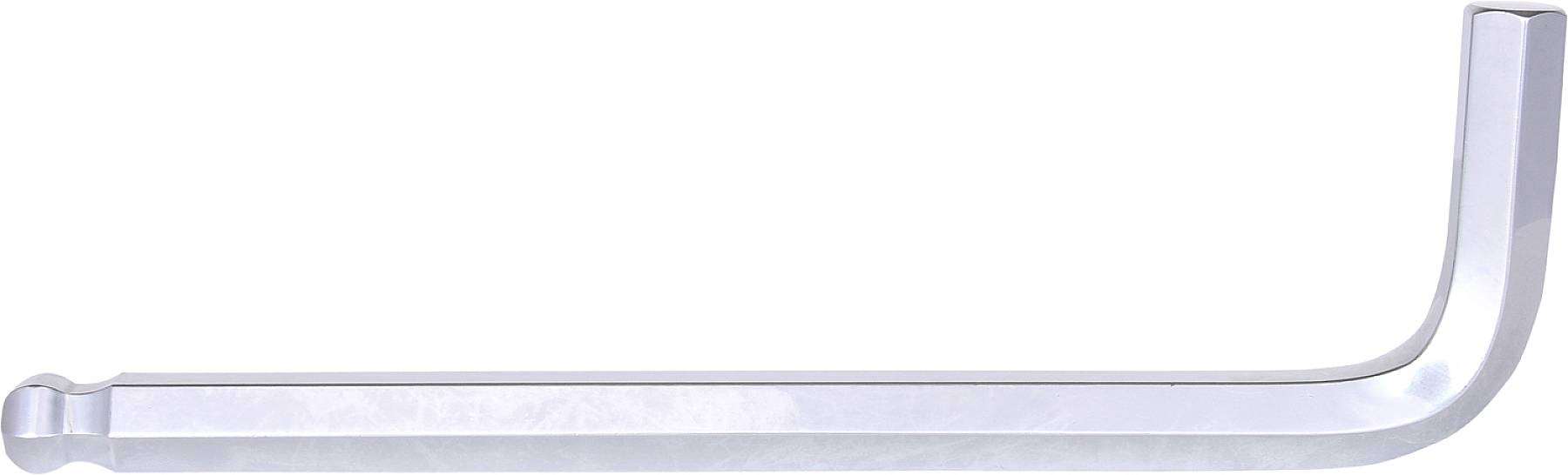 Une clé Allen en argent de forme L, brillante et métallique, sur un fond blanc. Adaptée pour serrer des vis.