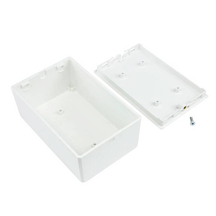 Boîte de dérivation en plastique blanc pour cloison creuse, rectangulaire, en deux parties avec vis de fixation. Idéale pour les installations électriques.