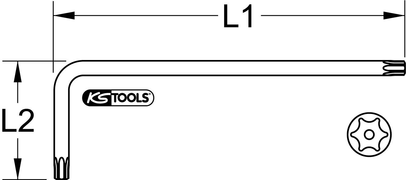 Clé Allen avec le logo KS Tools, L1 indique la longueur, L2 la hauteur. Dans le coin inférieur droit se trouve l'illustration Torx.