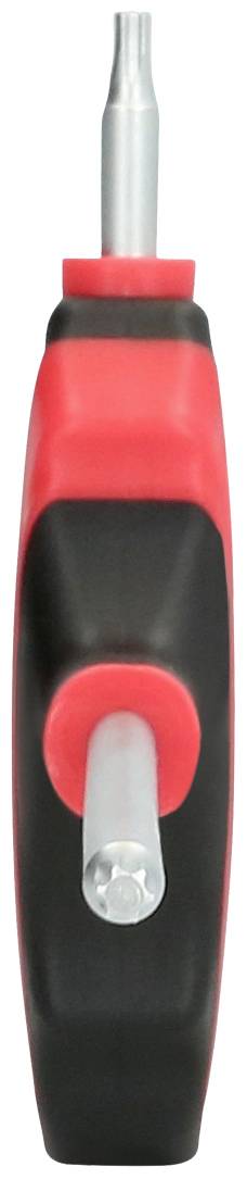Vue de face d'un tournevis rouge et noir avec embout interchangeable.