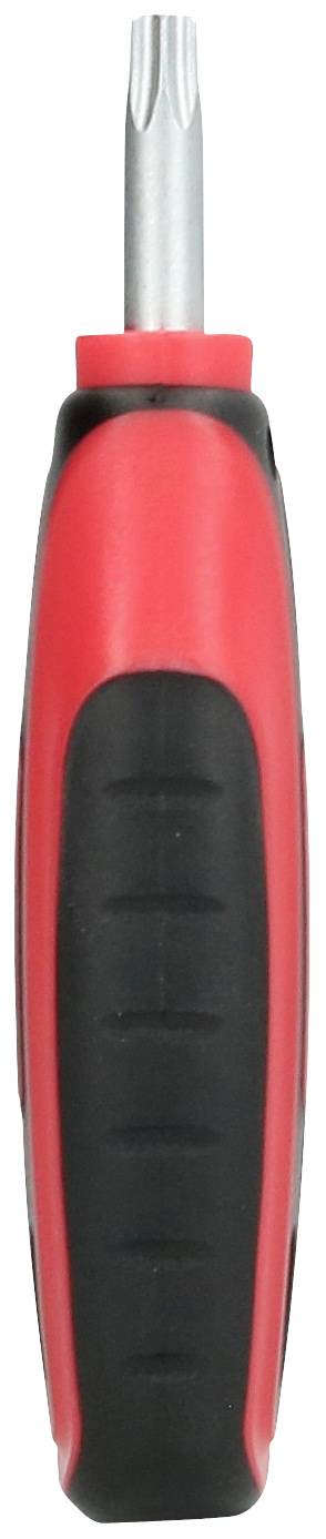 Un tournevis rouge et noir avec une poignée ergonomique et un embout en étoile ; vue de côté.