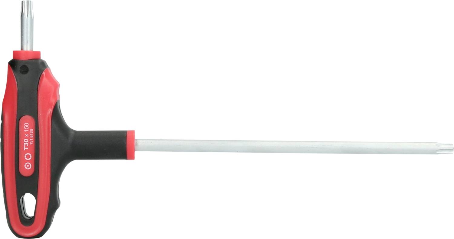 Tournevis en T avec poignée rouge et noire. La tige est longue et argentée, avec une tête Torx à l'extrémité.