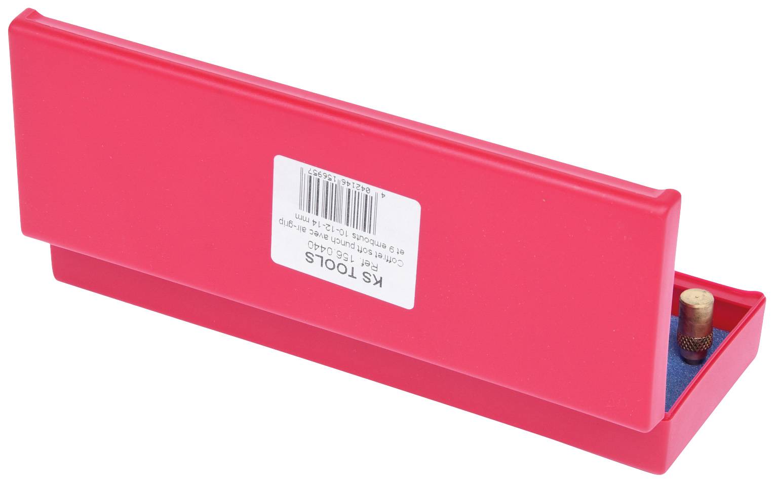 Un étui rectangulaire rouge avec un petit bouton rond à côté d'un intérieur bleu. Étiquette portant l'inscription 'KS Tools'.