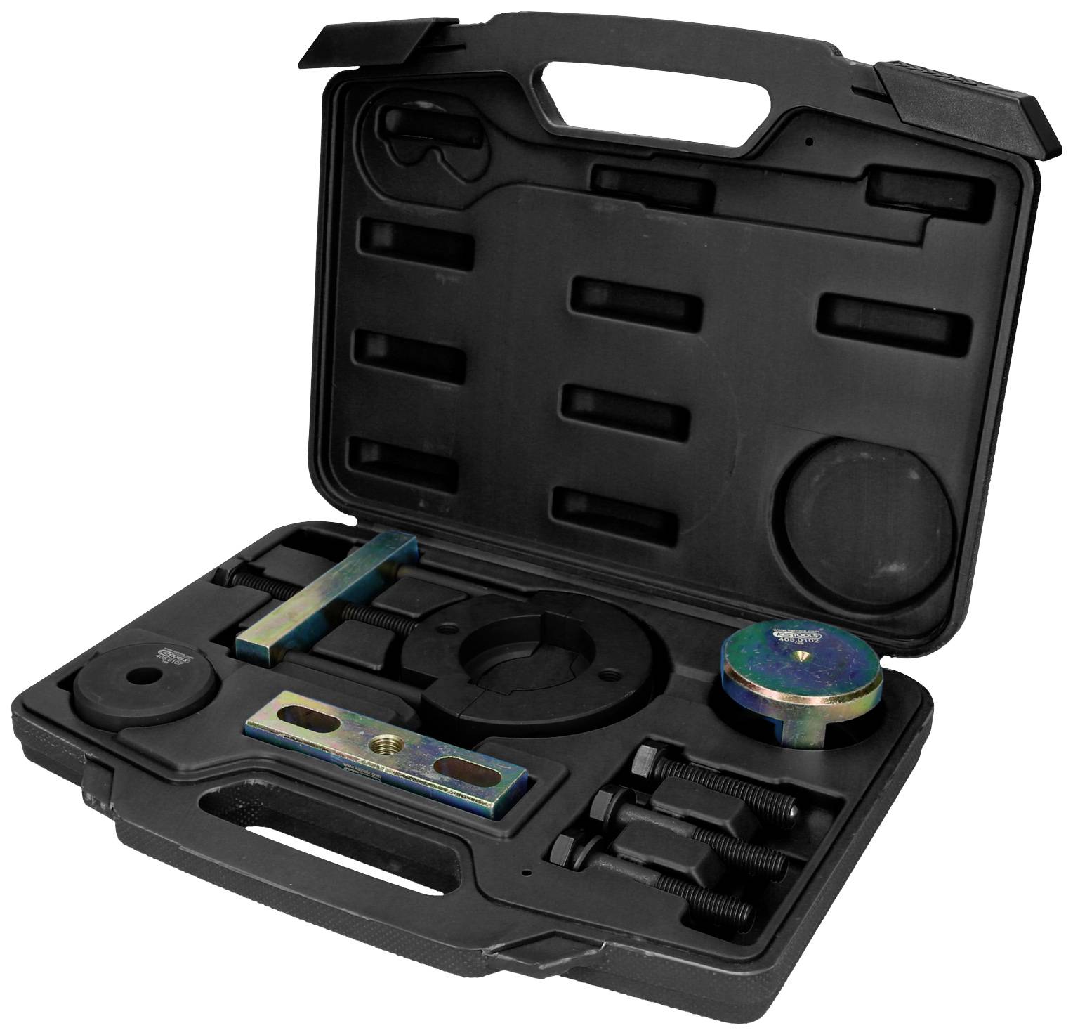 Une valise à outils noire contenant divers outils et accessoires métalliques, rangés dans des compartiments parfaitement adaptés.