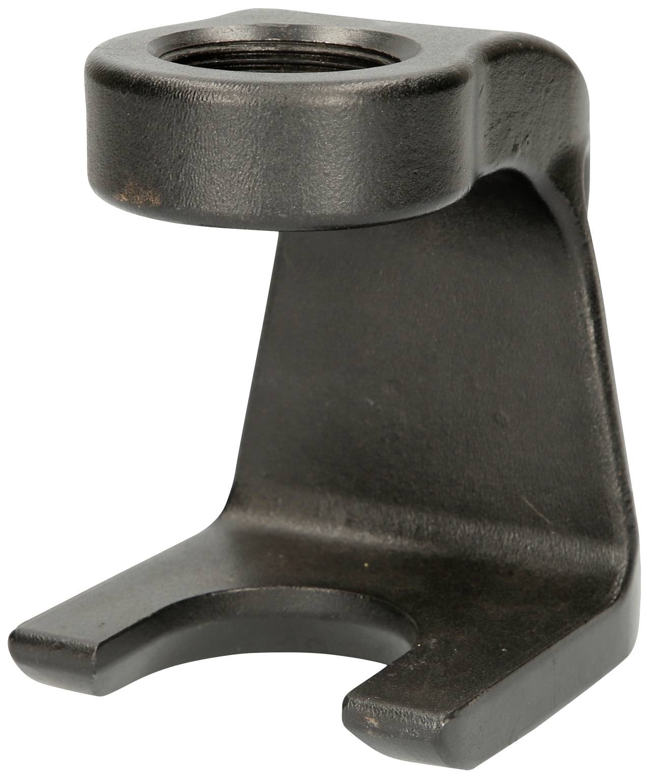 Support métallique gris en forme de U avec un bras vertical ; ouverture en haut pour les éléments de fixation.