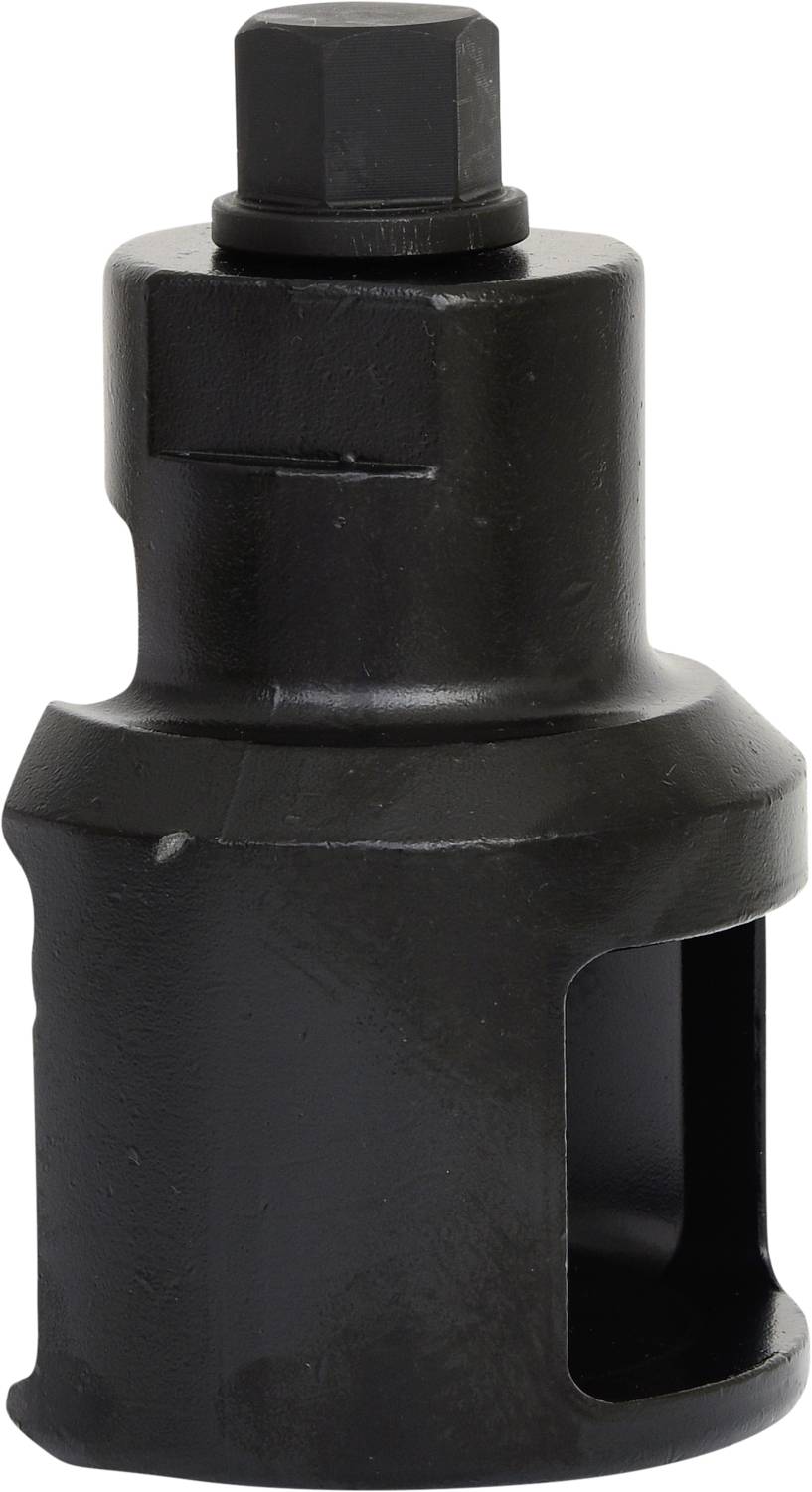 Un écrou noir à six pans. Il possède une encoche rectangulaire sur le côté et une forme cylindrique lisse.