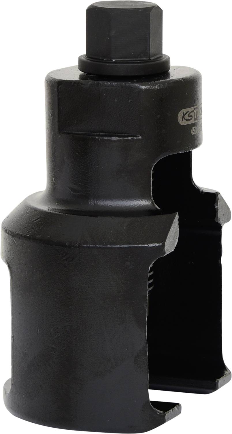 Un extracteur de roulement noir en métal, au design robuste, avec une surface supérieure hexagonale permettant sa fixation à un outil.