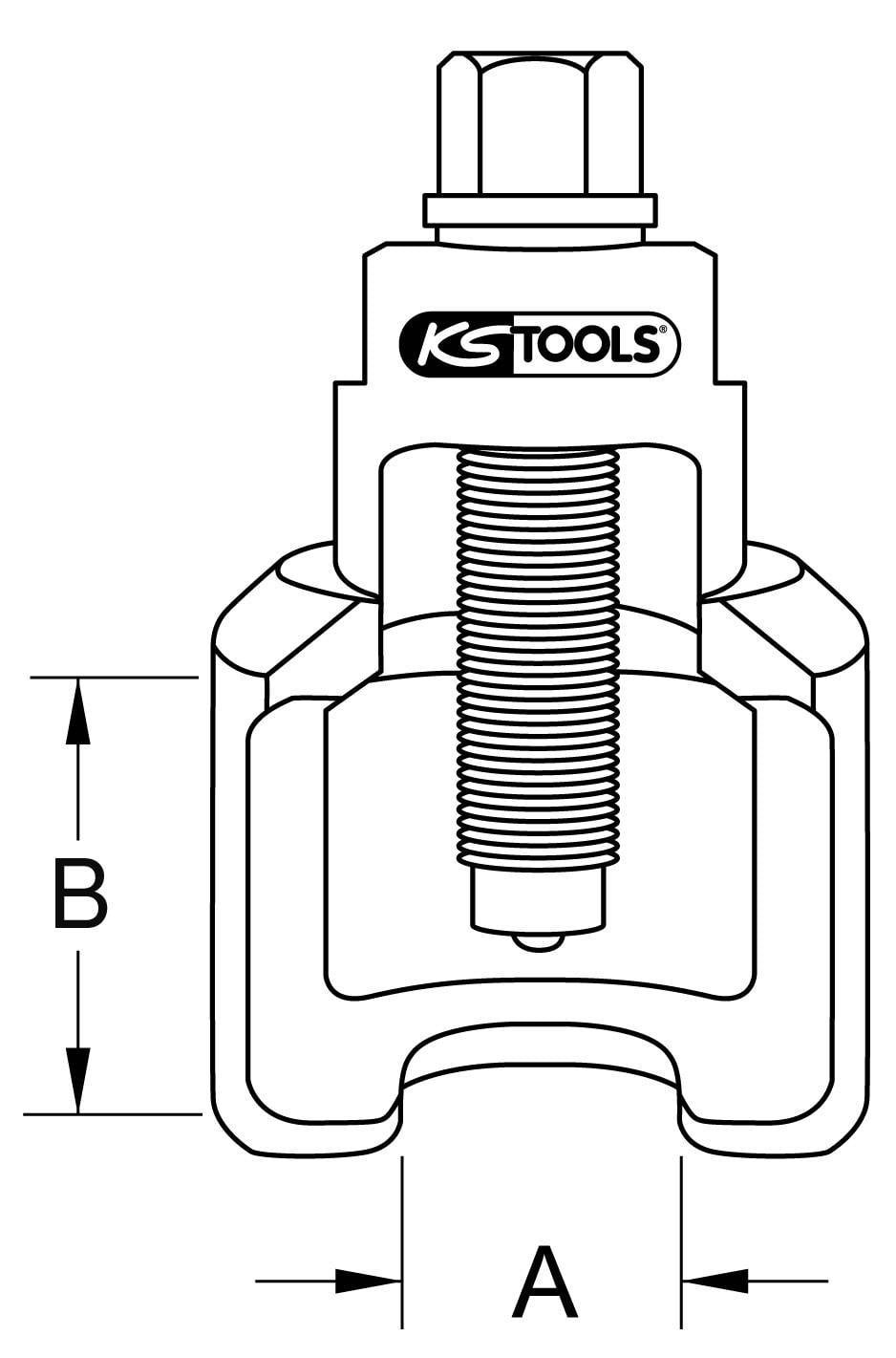 Dessin technique d'un outil mécanique pour le démontage des rotules. Étiqueté 'KS Tools'. Dimensions A et B marquées.