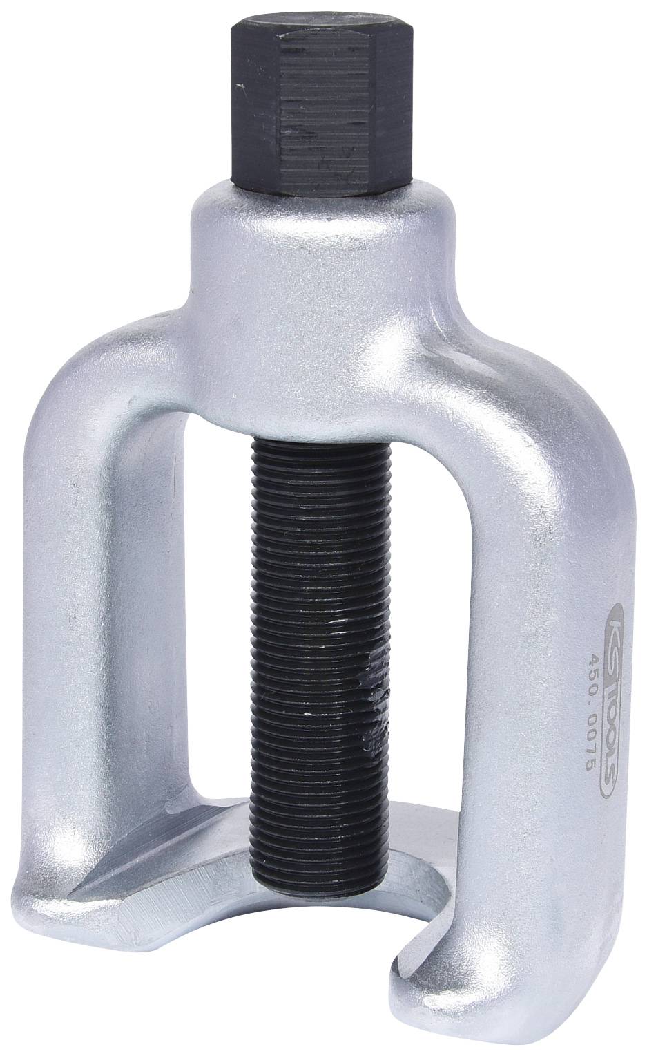 Un extracteur en argent avec une vis noire, utilisé pour séparer des pièces solidement fixées comme des roulements ou des douilles.