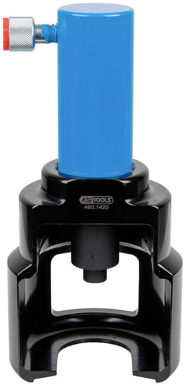 Un extracteur hydraulique avec un cylindre bleu et un corps noir, utilisé pour retirer des pièces difficiles d'accès.