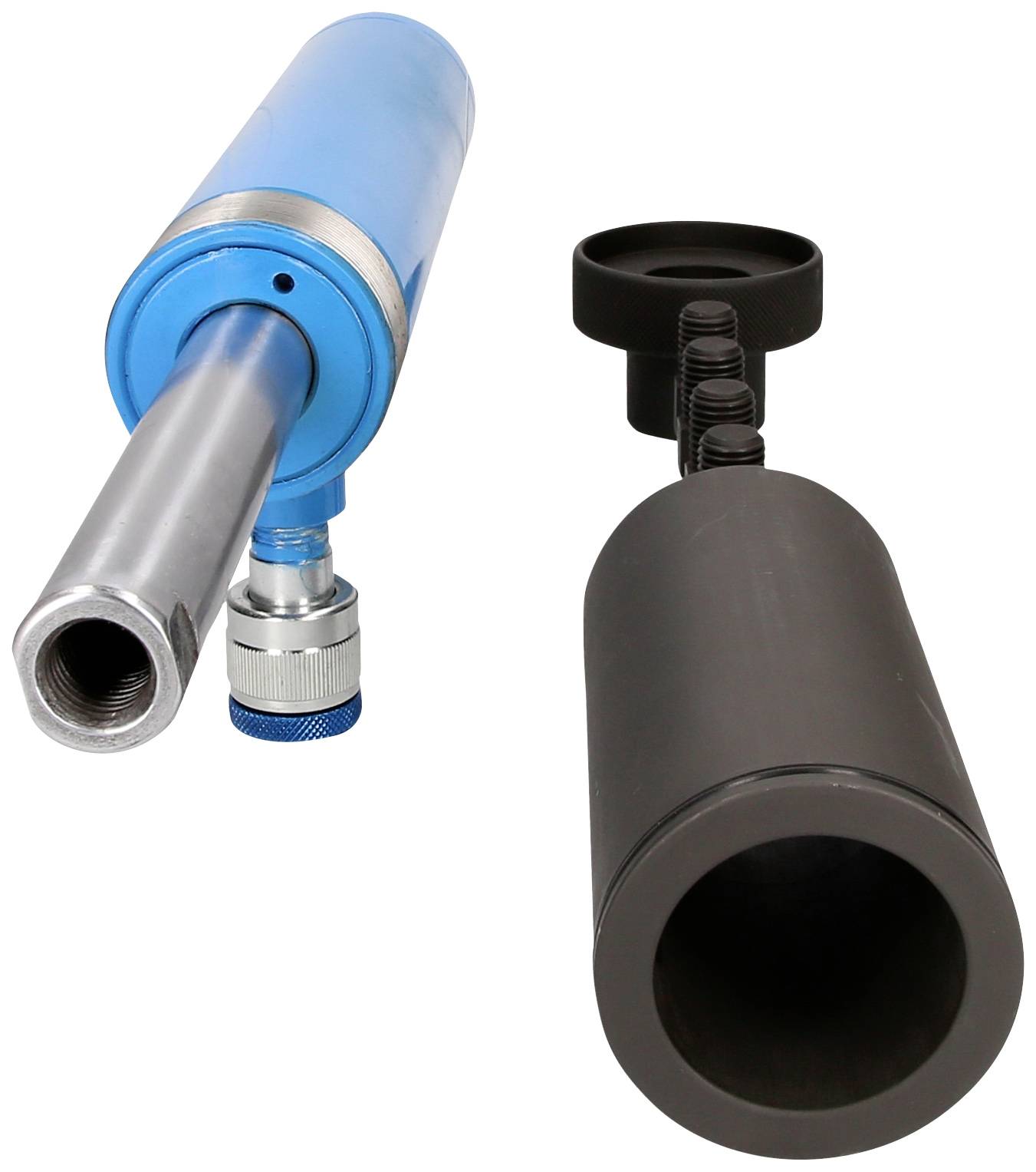 Deux dispositifs cylindriques, l'un bleu et métallique, l'autre noir, placés côte à côte. Probablement des outils industriels.