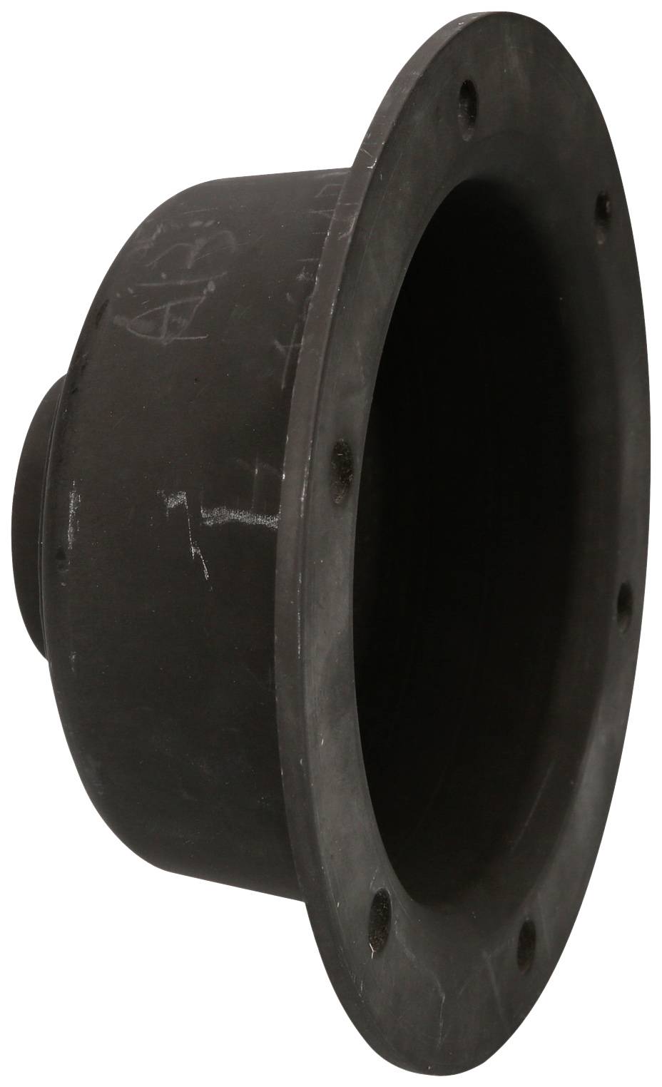 Une pièce métallique noire, cylindrique, avec une bride et un motif de trous sur le bord.