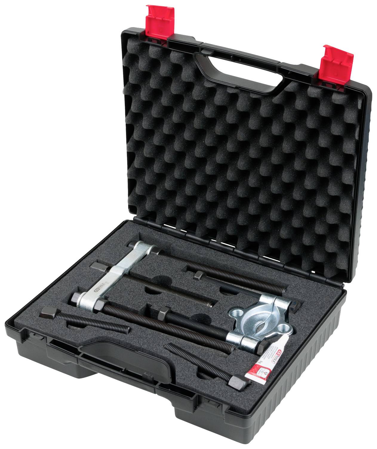 Un coffret à outils noir ouvert avec doublure en mousse, contenant un ensemble d'extracteurs avec différents embouts.