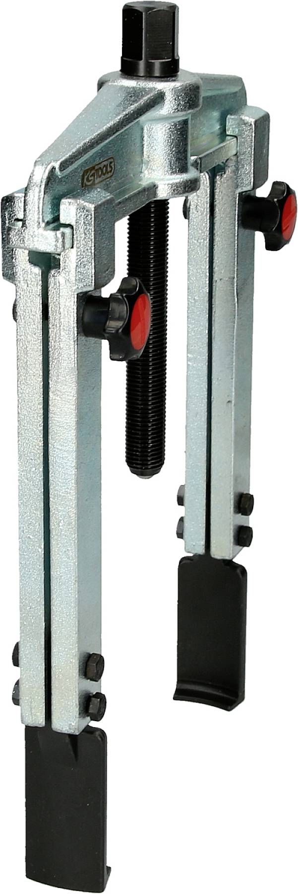 Un extracteur à deux bras en argent avec une vis noire et un détail rouge sur chaque bras, conçu pour le démontage de roulements ou de roues dentées.