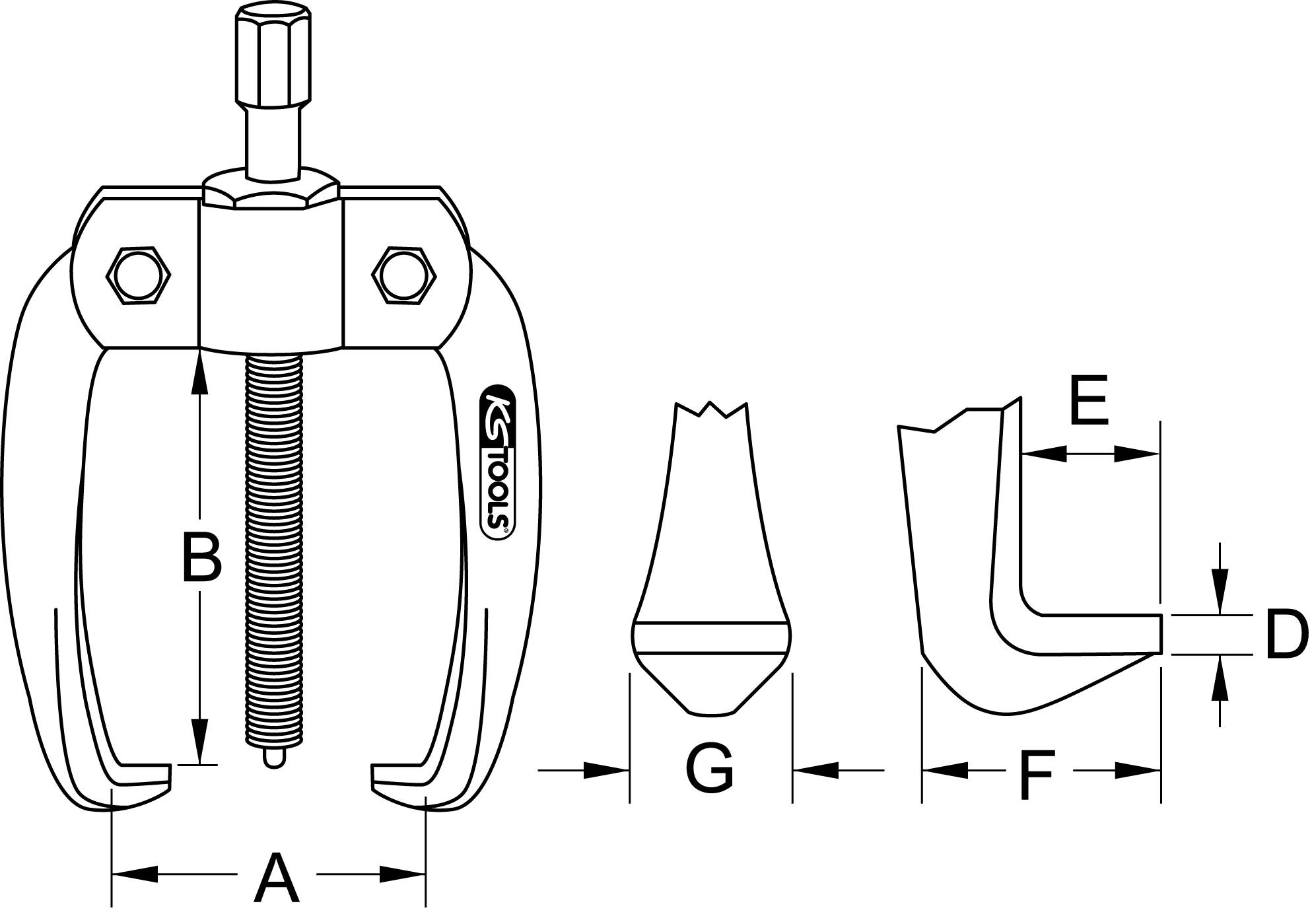Extracteur à deux mâchoires avec dimensions : A = Écartement, B = Longueur du filetage, D = Ouverture des mâchoires, E = Hauteur des branches, F = Porte-à-faux, G = Surface de serrage.
