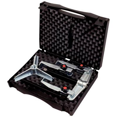 Une valise noire avec un revêtement intérieur en mousse contient deux outils à pinces métalliques avec des marquages rouges pour des travaux précis.
