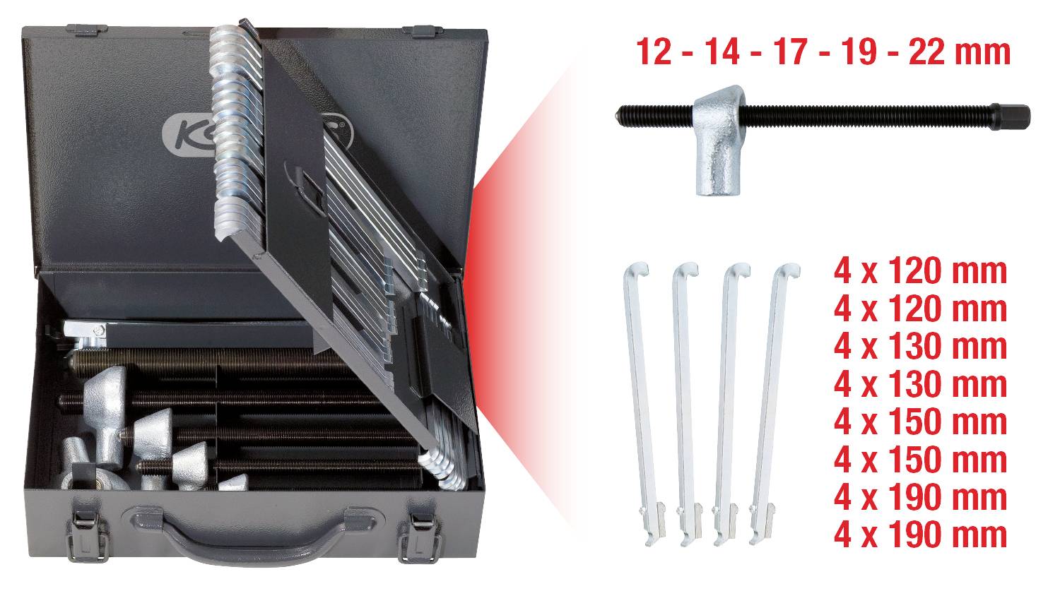 Valise avec extracteurs et outils de différentes tailles, indiquées en millimètres. Tailles : 12-22 mm. Comprend des crochets et des rallonges.