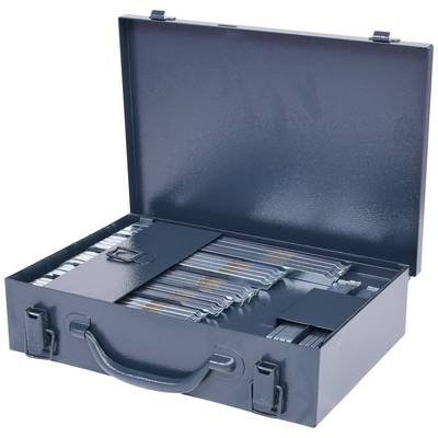 Une valise métallique ouverte contenant des chemises de classement avec des documents. La valise est bleu foncé et possède deux fermoirs.