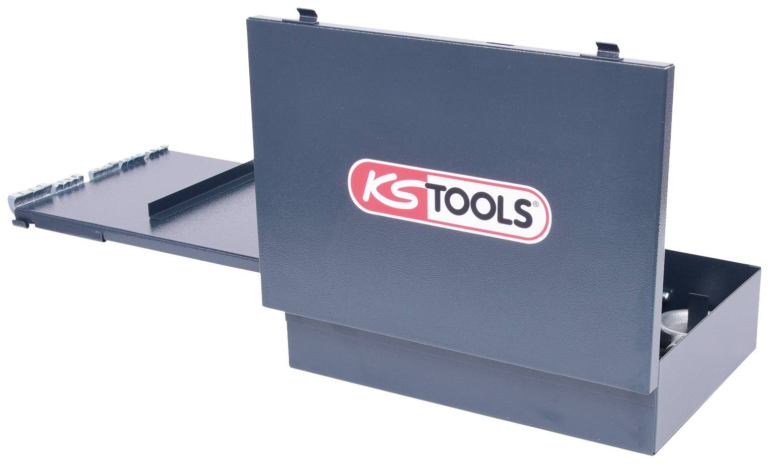 Boîte à outils métallique avec tiroir coulissant, ouverte, révélant son intérieur. Un logo rouge 'KS Tools' est visible sur la face avant.