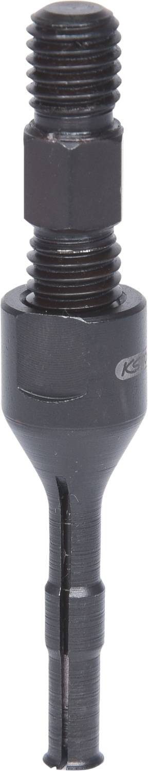 Adaptateur métallique fileté, de forme cylindrique allongée et à extrémité étroite. Utilisé pour des fixations ou des raccordements.