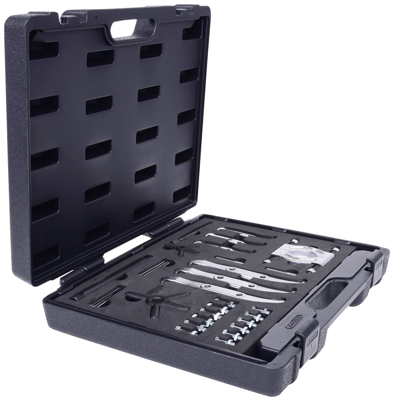 Boîte à outils ouverte avec différentes clés à molette et accessoires, soigneusement rangés dans divers compartiments.