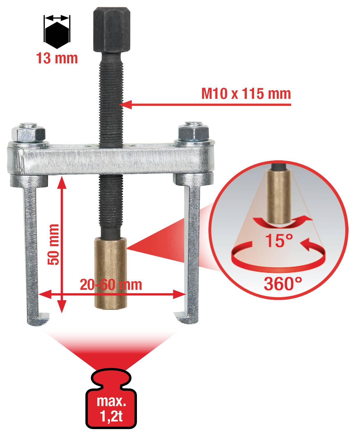 Outil de démonstration d'extracteur de roulement : Capacité maximale de 1,2 tonnes, dimensions de largeur 20-60 mm, hauteur de 50 mm, vis M10 x 115 mm, inclinaison de 15°, rotation à 360 degrés.