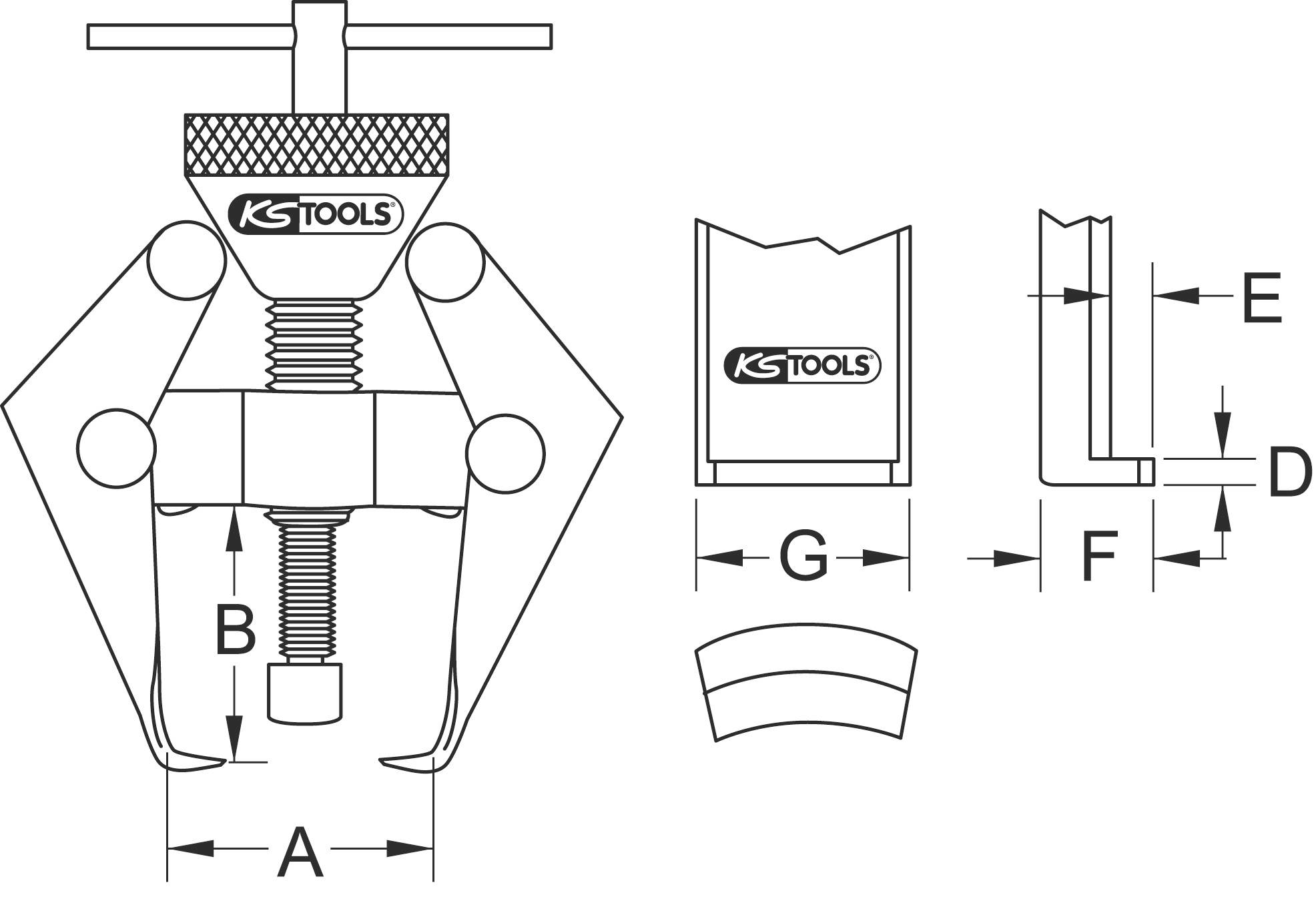 Schéma d'un extracteur avec dimensions A, B, G, E, D, F. Logo KS Tools en haut à gauche. Montre les composants d'un outil de démontage de pièces.