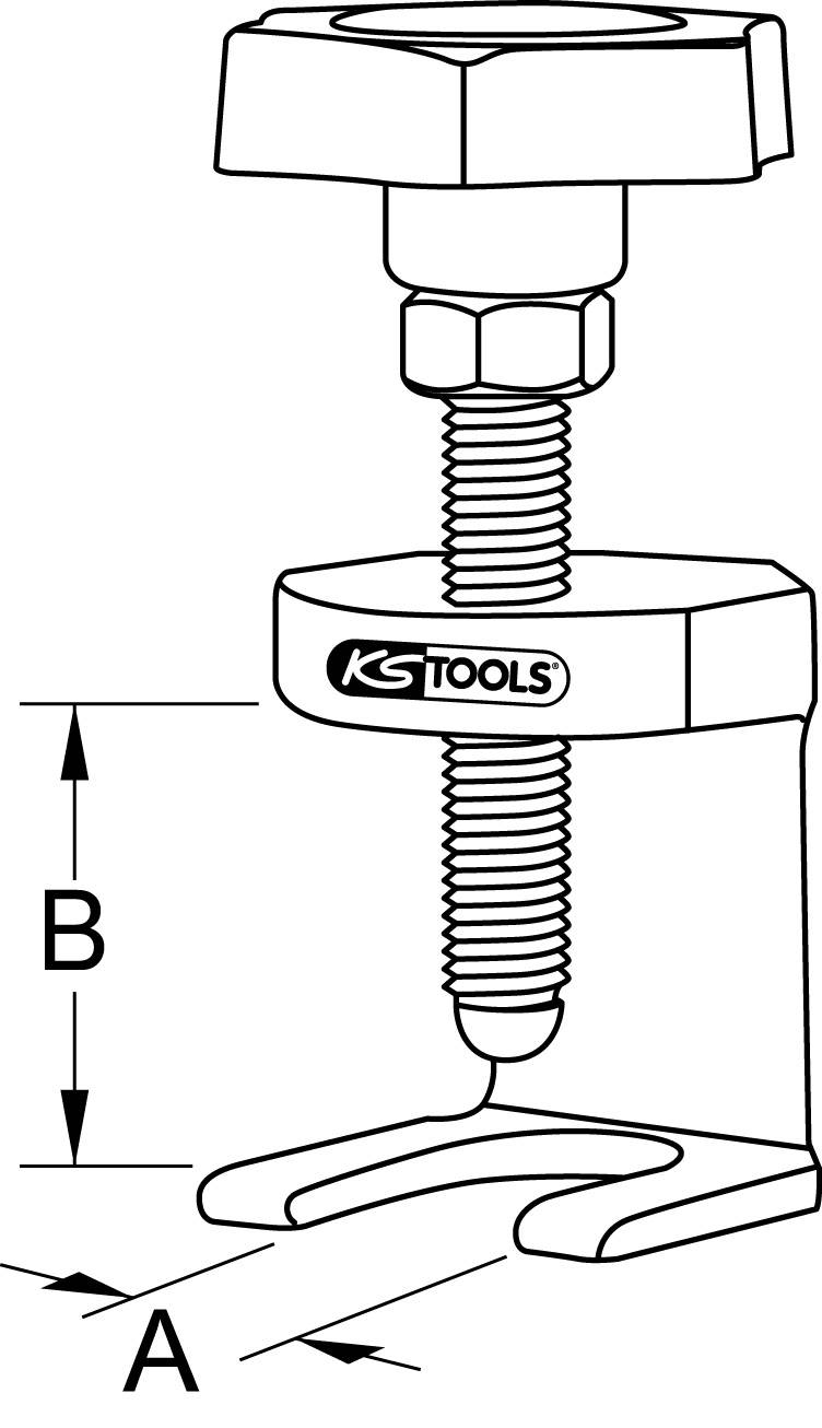 Illustration d'un extracteur de KS Tools, montrant les dimensions A et B. L'extracteur est doté d'une connexion à vis et d'une base à fourche.