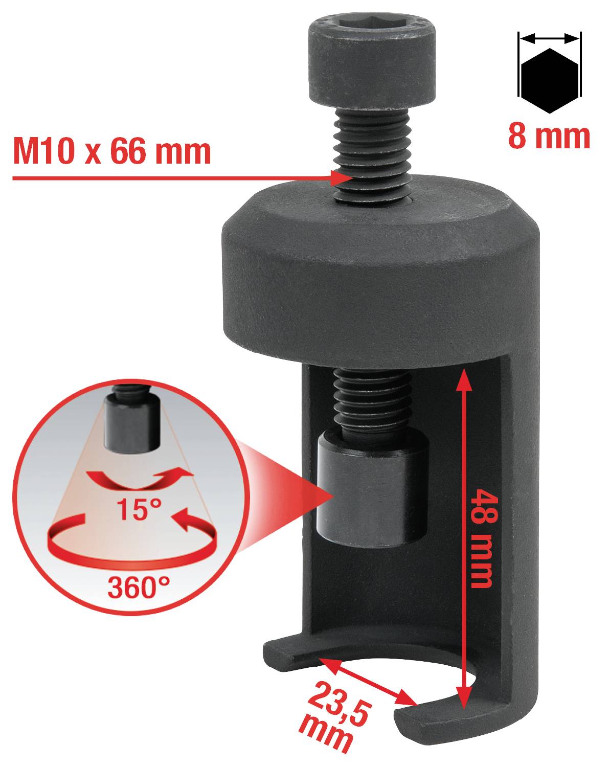 Pied réglable en hauteur : M10 x 66 mm, hauteur de socle de 8 mm. Plage de réglage : 48 mm. Diamètre du pied : 23,5 mm. Angle d'inclinaison : 15°, rotation à 360°.