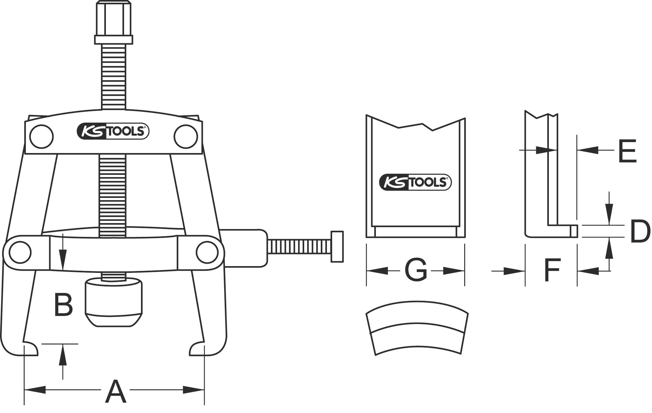 'KS Tools' Extracteur - Dessin avec cotes : A, B, D, E, F, G. Décrit la structure et les dimensions des différentes pièces de l'outil.