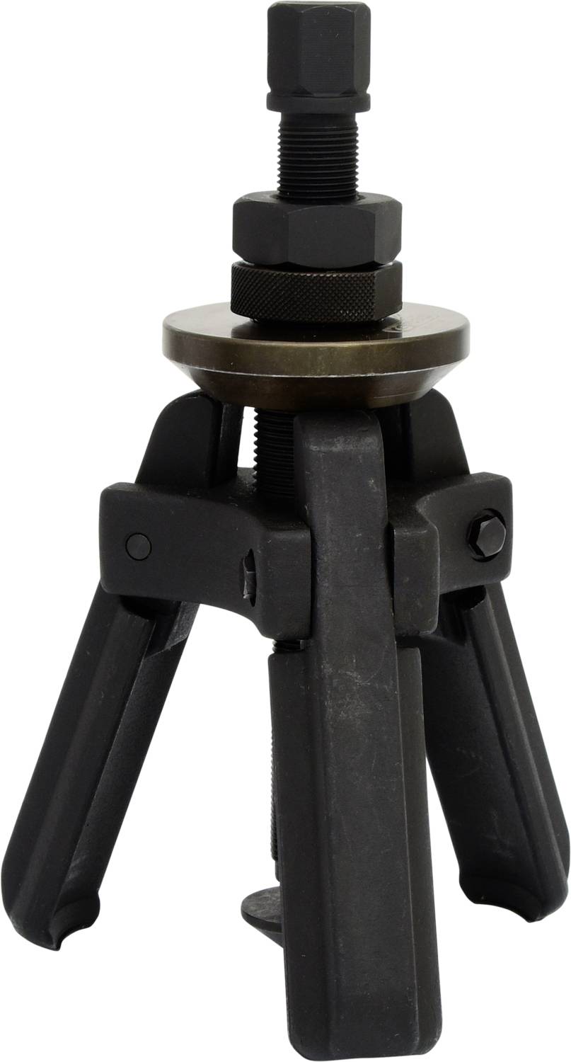 Un extracteur noir à trois pattes avec filetage à vis, utilisé pour desserrer des pièces mécaniques grippées.