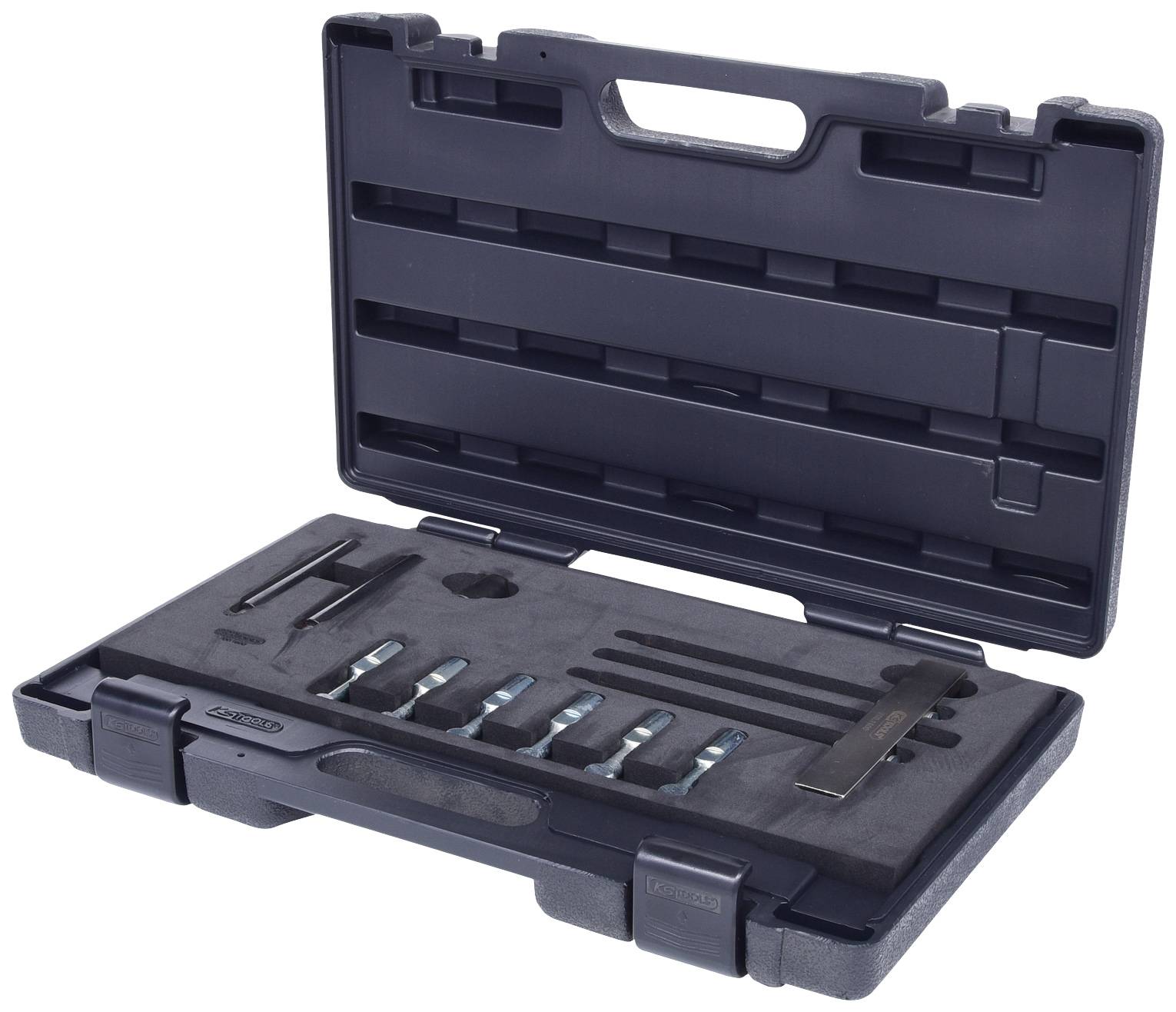 Coffret à outils noir ouvert contenant divers outils métalliques dans des supports moulés, prêts à l'emploi.