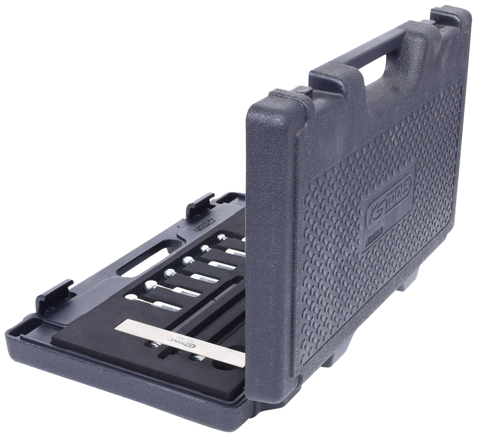 Une valise à outils ouverte avec plusieurs compartiments présente divers outils et une barre d'argent. Boîtier en plastique avec poignée.