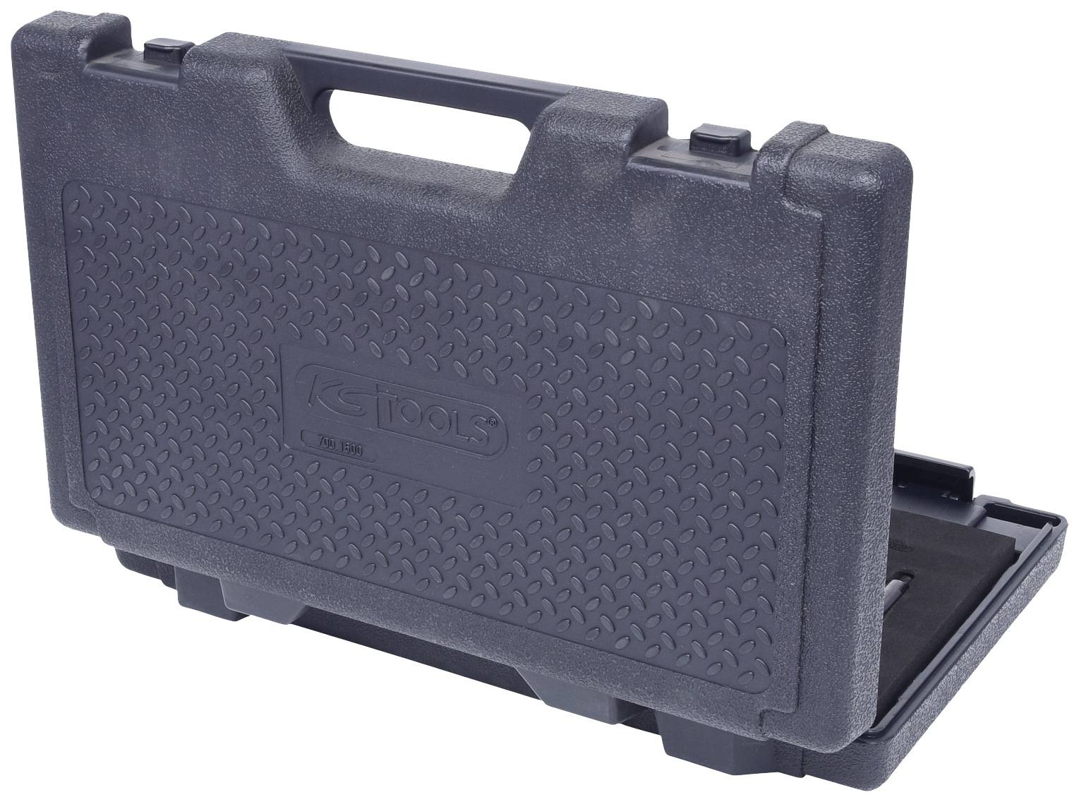 Un coffret à outils noir et rectangulaire en plastique, muni d'une poignée de transport, légèrement ouvert, posé sur une surface blanche.