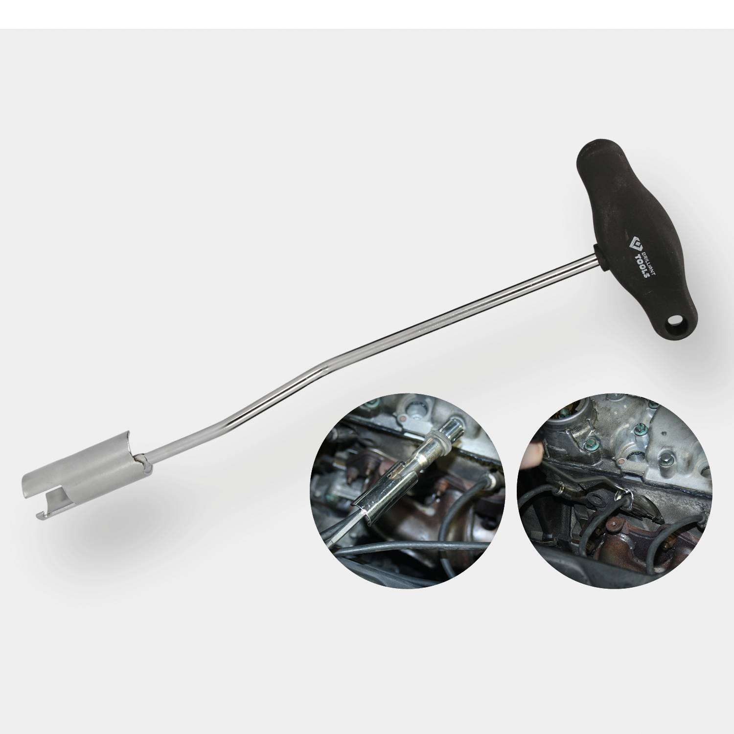 Outil de maintenance avec poignée en T et douille pour bougie d'allumage. Deux vues agrandies montrent l'outil en cours d'utilisation dans le compartiment moteur.