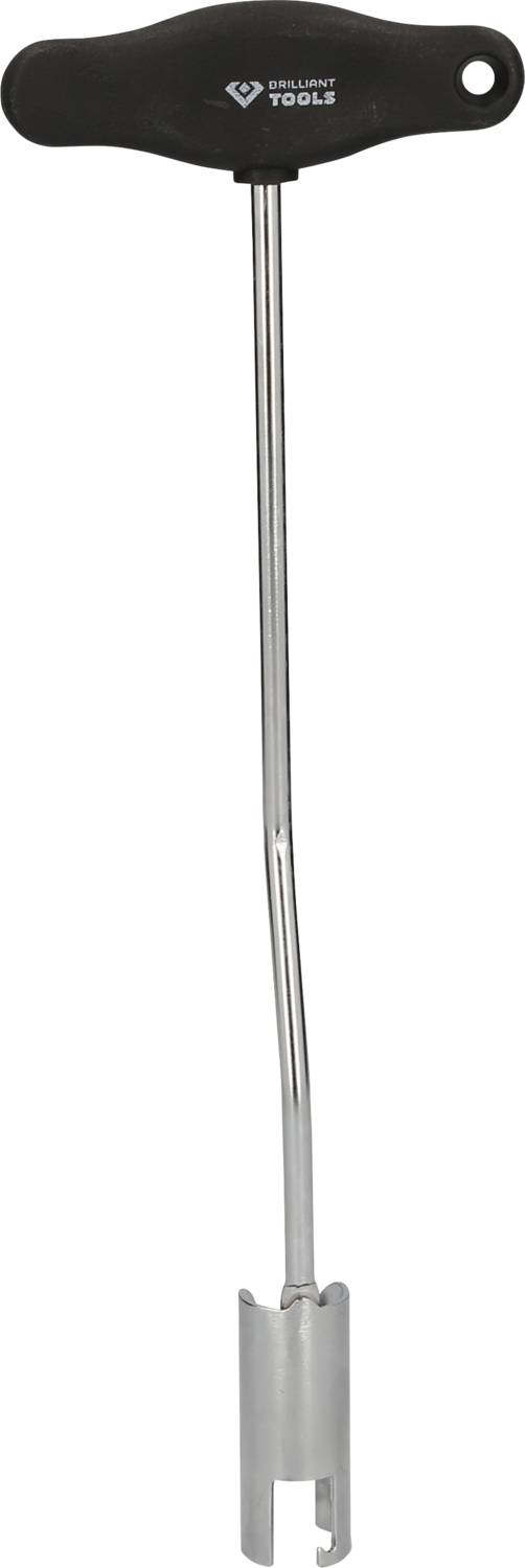Une longue clé à molette métallique avec une poignée en T noire et une extrémité cylindrique.