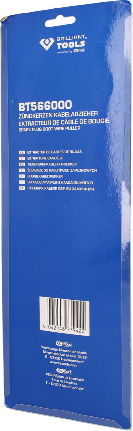 Étiquette d'emballage bleue de 'Brilliant Tools' portant le numéro de produit BT566000, décrivant un extracteur de câbles de bougie d'allumage.