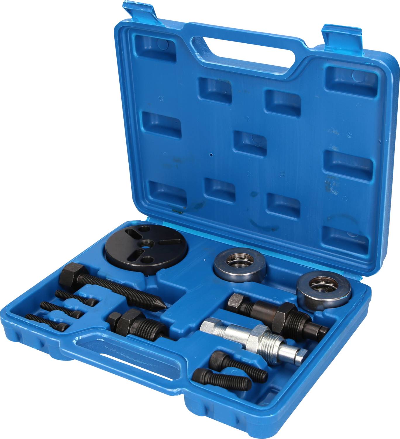 Une valise en plastique bleue contenant divers outils automobiles, tels que des vis et des adaptateurs métalliques, rangés dans des emplacements adaptés.