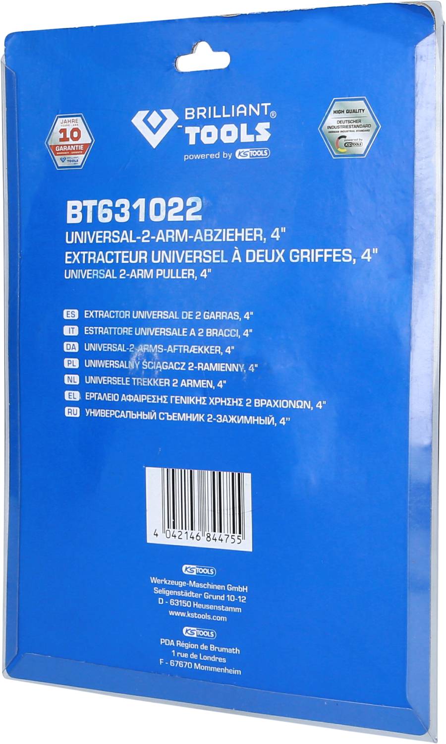 Emballage d'un extracteur universel à 2 bras de la marque Brilliant Tools, modèle BT631022. Contient des descriptions de produit en plusieurs langues.
