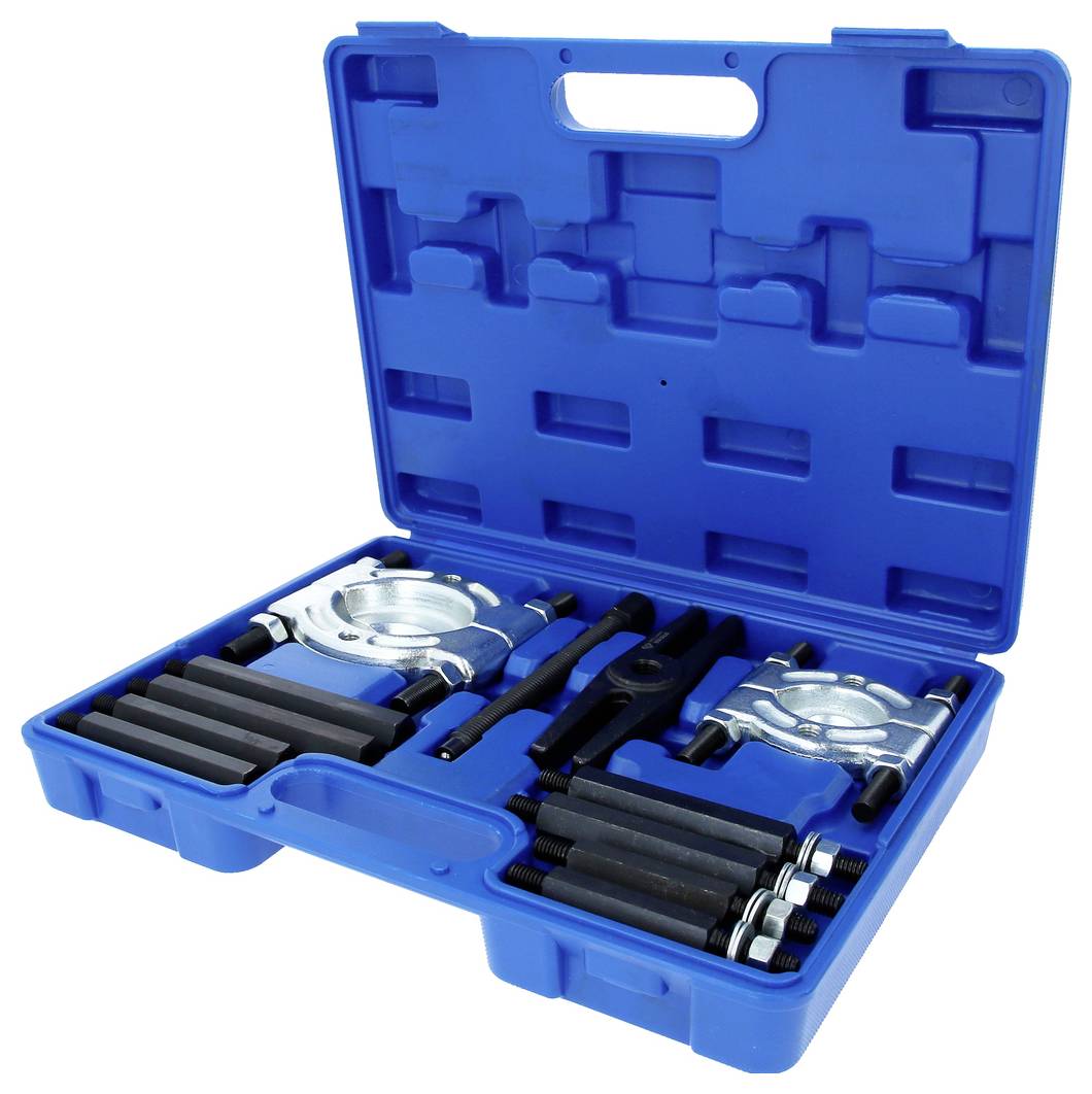 Un coffret en plastique bleu contenant un jeu d'extracteurs de roulement, comprenant deux extracteurs argentés, plusieurs tiges noires et des boulons soigneusement rangés à l'intérieur.